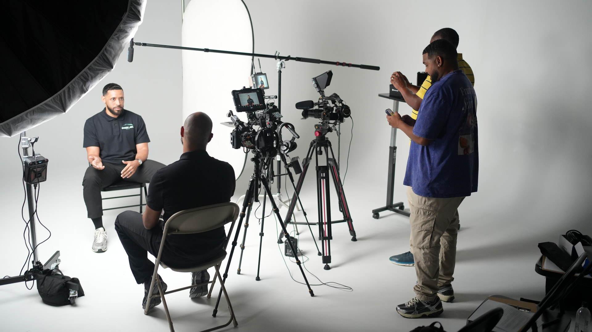 Full multi-camera corporate interview setup with boom mic on a white cyc wall