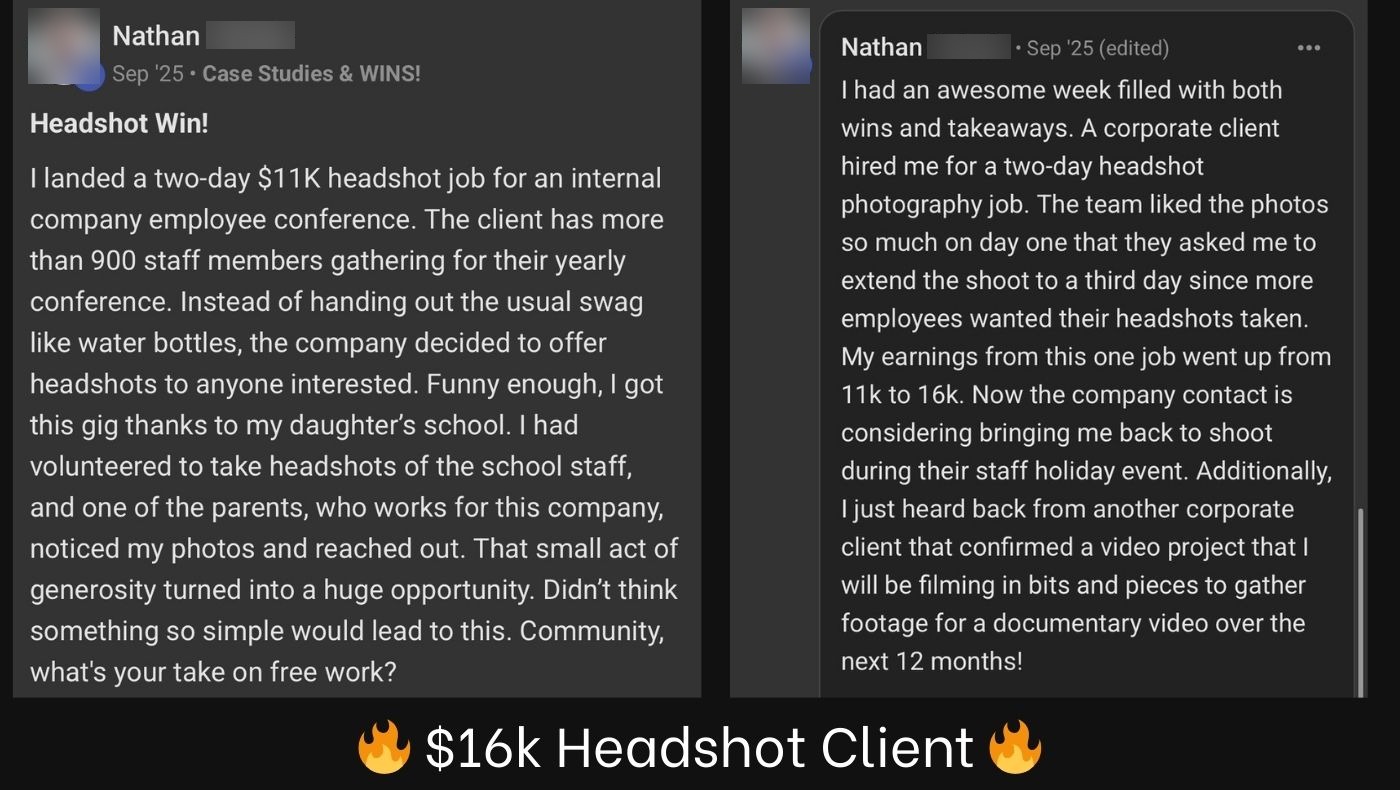 Community win post: $16k headshot client from a two-day corporate conference