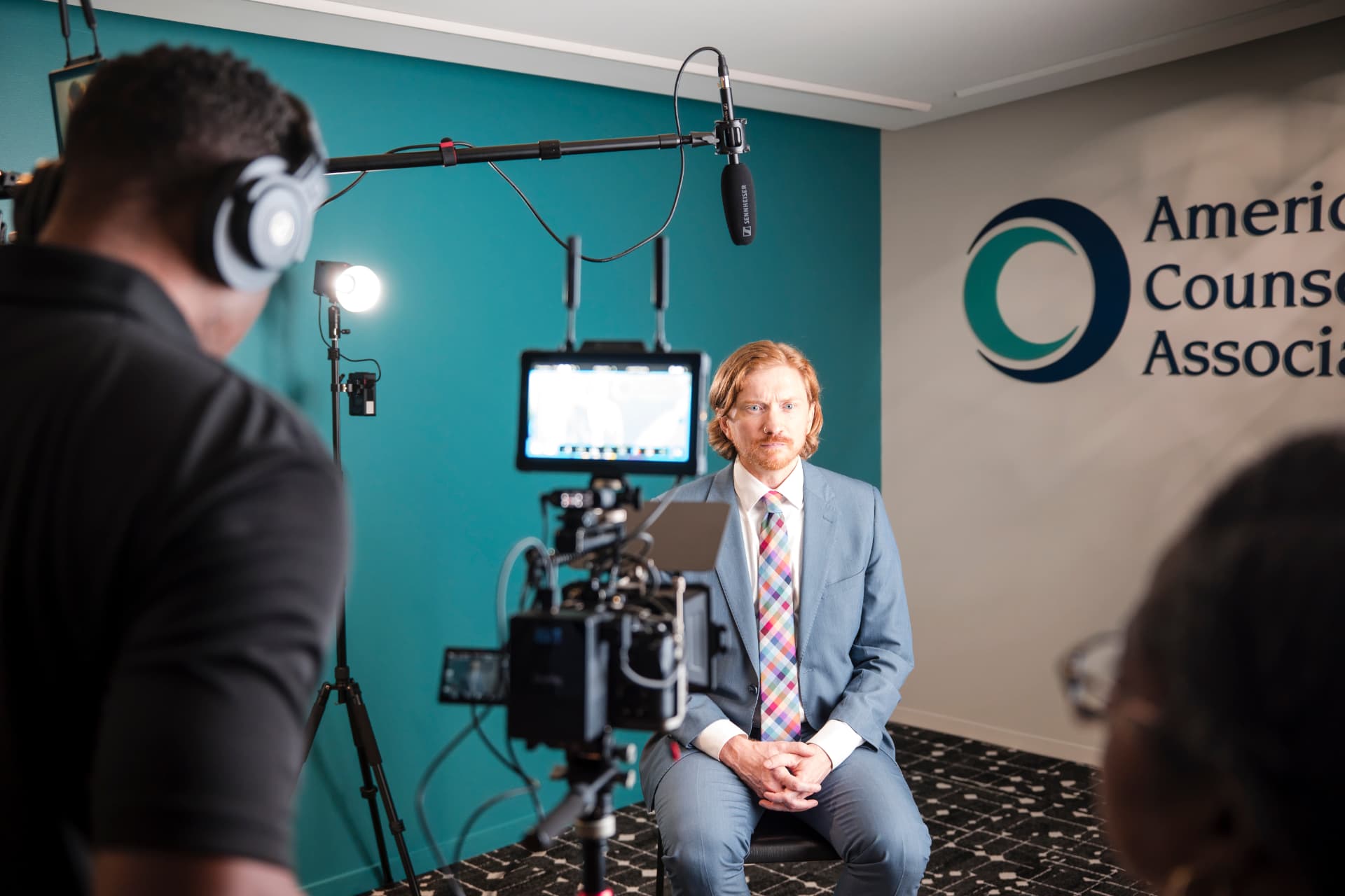Behind the scenes of a corporate interview shoot on location